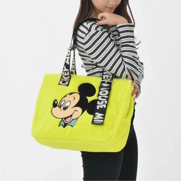 Mickey Mouse Tote Bag Fake Fur Neon Yellow Retro Disney Japan New - Picture 2 of 7